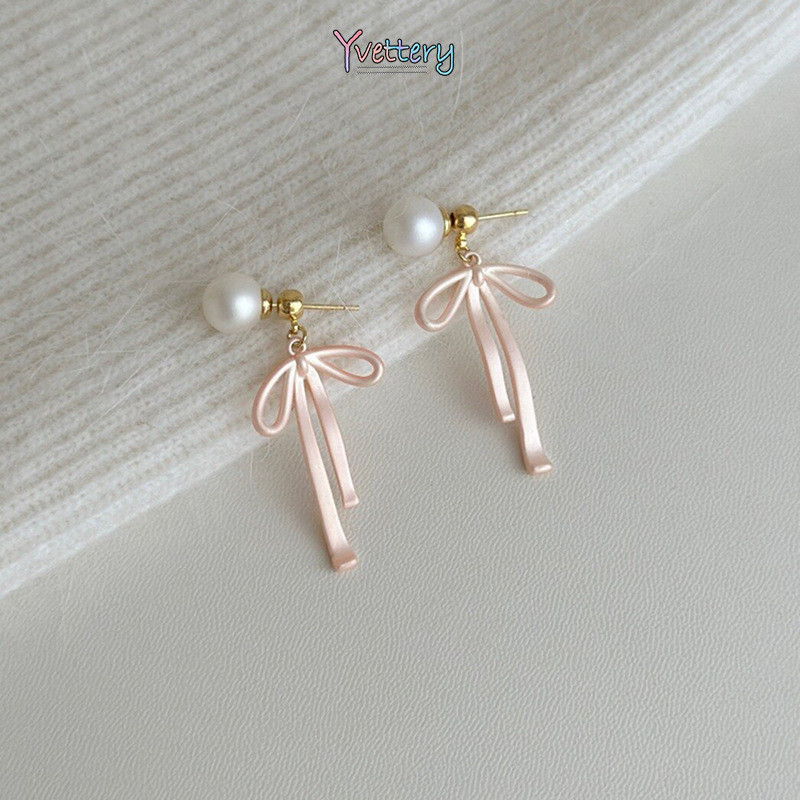 ผู้หญิงโบว์พู่ต่างหูสองสไตล์สวมต่างหูมุกสีเทาต่างหูระดับไฮเอนด์COD