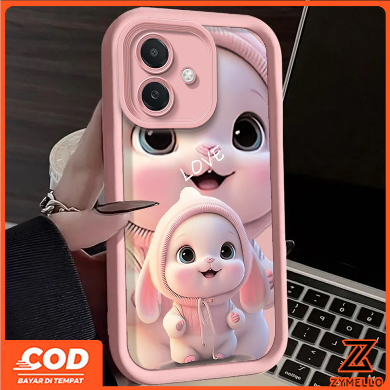 สำหรับ OPPO A3X A3 Pro A80 A60 A79 A58 A18 A17 A57 2022 4G A78 A5s A12 A95หมวกสีชมพู Happy Rabbit กันกระแทก TPU โทรศัพท์มือถือกรณี