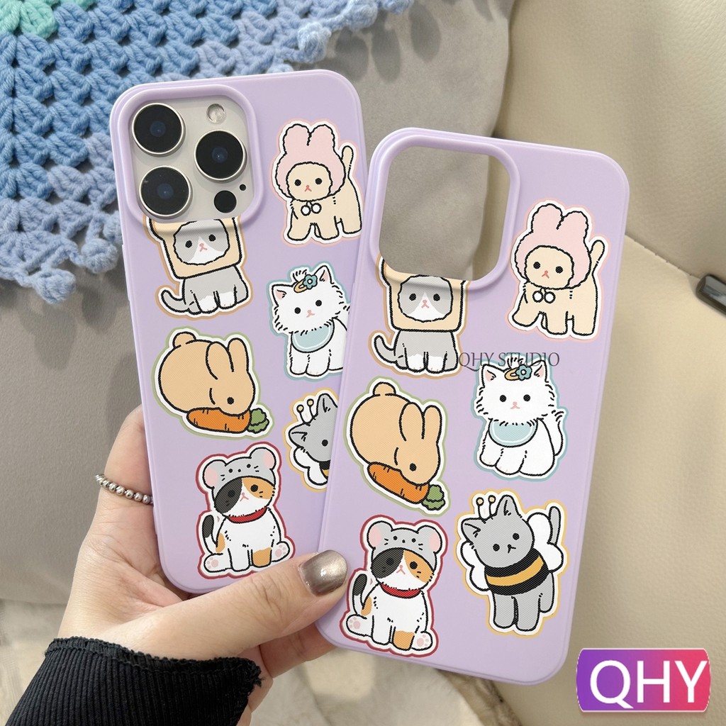Qhy - การ์ตูนต้นฉบับแมวน่ารักลูกแมวรูปแบบกระต่ายเข้ากันได้สําหรับเคส iphone 16 15 14 13 12 Plus 11 x xs pro Max ซิลิโคน