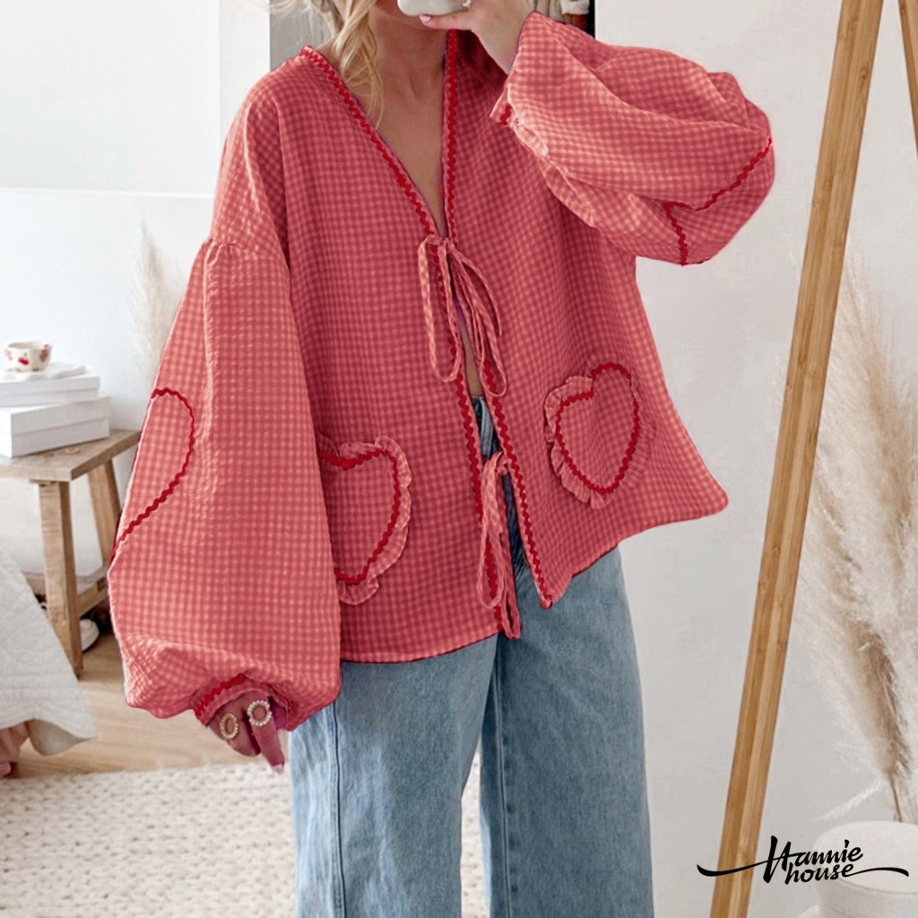 Hanie House- เสื้อเบลาส์ผูกโบว์ผูกโบว์ผูกโบว์หัวใจแขนยาวสําหรับผู้หญิง