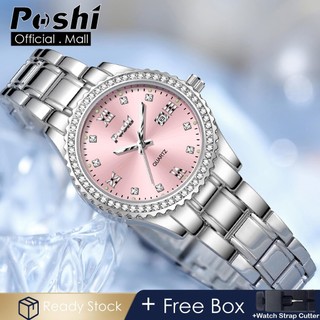 POSHI New Women Watch Luxury Dual Calendar Diamond Round  Stainless Steel Fashion Waterproof Ladies Watch Korean Version Elegant Luminous Quartz Wrist Watch For Women
