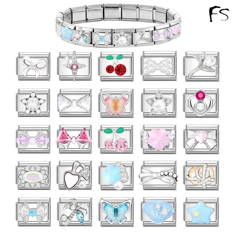 แฟชั่นผู้หญิงสแตนเลสผีเสื้อ Bow Love Star ดอกไม้อิตาเลี่ยน Charms Link Fit 9 มม.สร้อยข้อมือสแตนเลส DIY เครื่องประดับ
