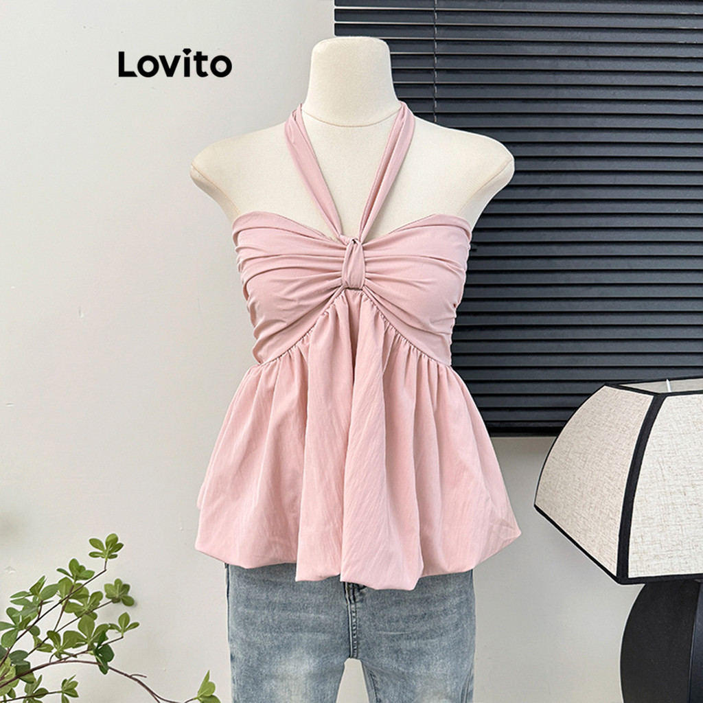 Lovito เสื้อแขนกุดผู้หญิง เปิดไหล่ แต่งโบว์ ระบาย สีพื้น หรูหรา LNE65146