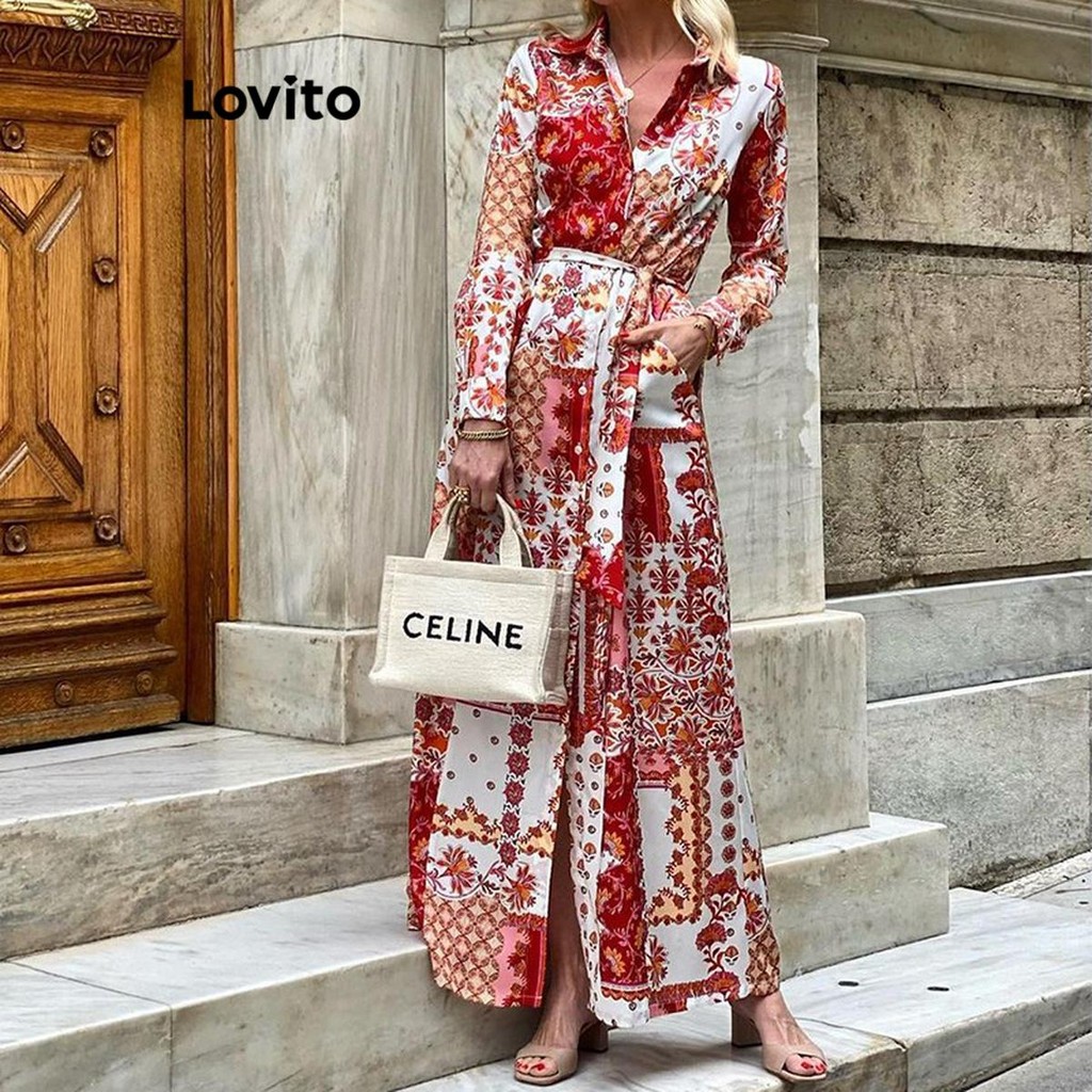Lovito ชุดเดรสผู้หญิง พิมพ์ลายแนวชนเผ่า สไตล์ลำลอง LNL68220