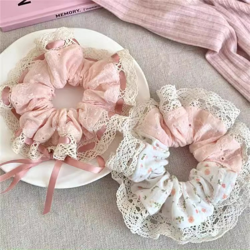 ใหม่ขนาดใหญ่สีชมพูดอกไม้พิมพ์ลูกไม้ Bowknot เชือกผมผมผูก Scrunchies เครื่องประดับผม