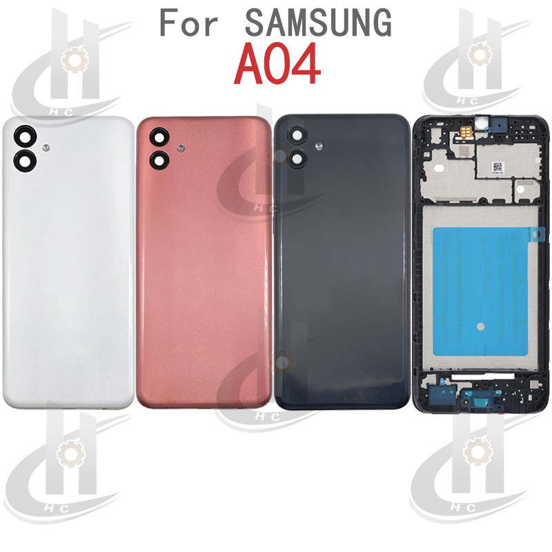 สําหรับ Samsung Galaxy A04 A045 แบตเตอรี่ฝาหลังกรอบกลาง + ปุ่ม + กรอบด้านหน้า LCD + เลนส์กล้อง