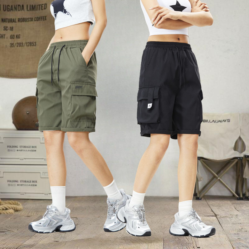 （การจัดส่งรวดเร็ว）กางเกงขาสั้นผู้หญิง ลำลองทรงหลวม สีพื้น สไตล์เกาหลี เอวยางยืดส