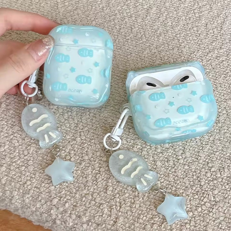INS น่ารัก Ocean Fish Star จี้สําหรับ Apple Airpods 1 2 Pro 3 สีฟ้าหยักซิลิโคน Funda หูฟังไร้สายฝาครอบป้องกัน