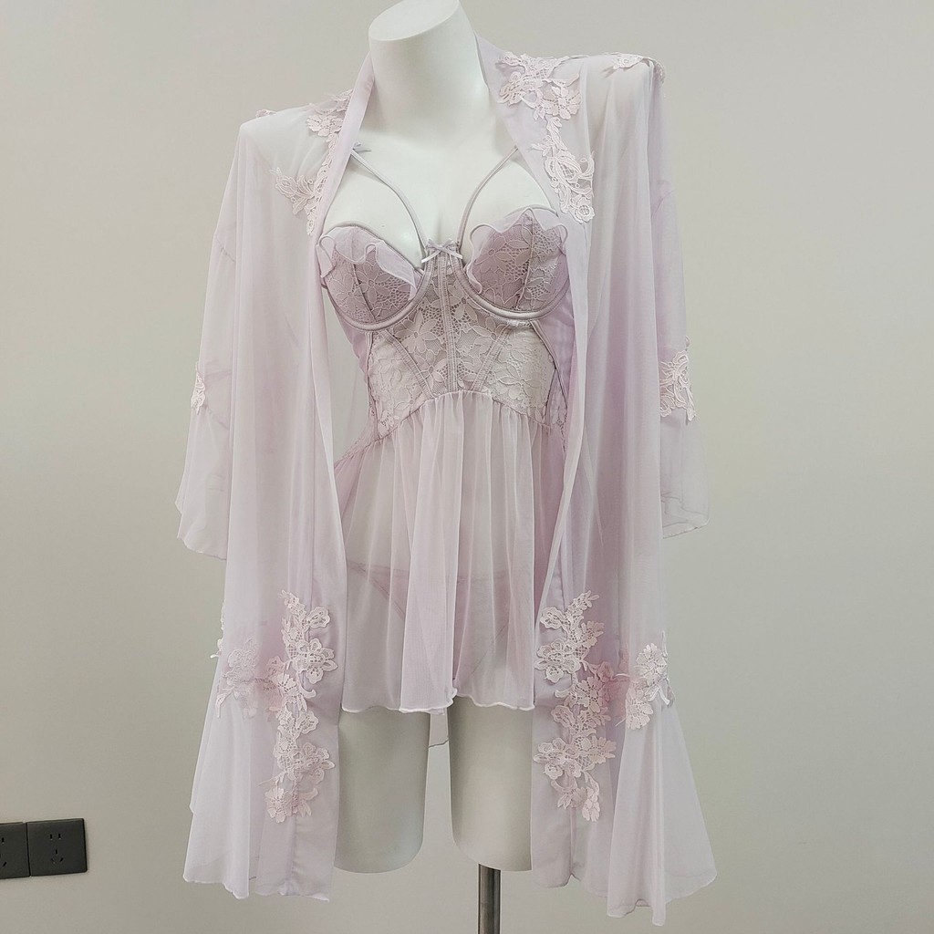 Soft Batthrobe Set Mesh See Throuh Nightdress with Dressing Gowns