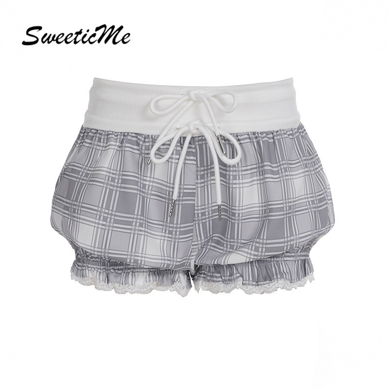 SweeticMe Womens 2025 แฟชั่นใหม่ Sweet Slim Fit เอวต่ํา Lacing All Match กางเกงขาสั้นดอกไม้