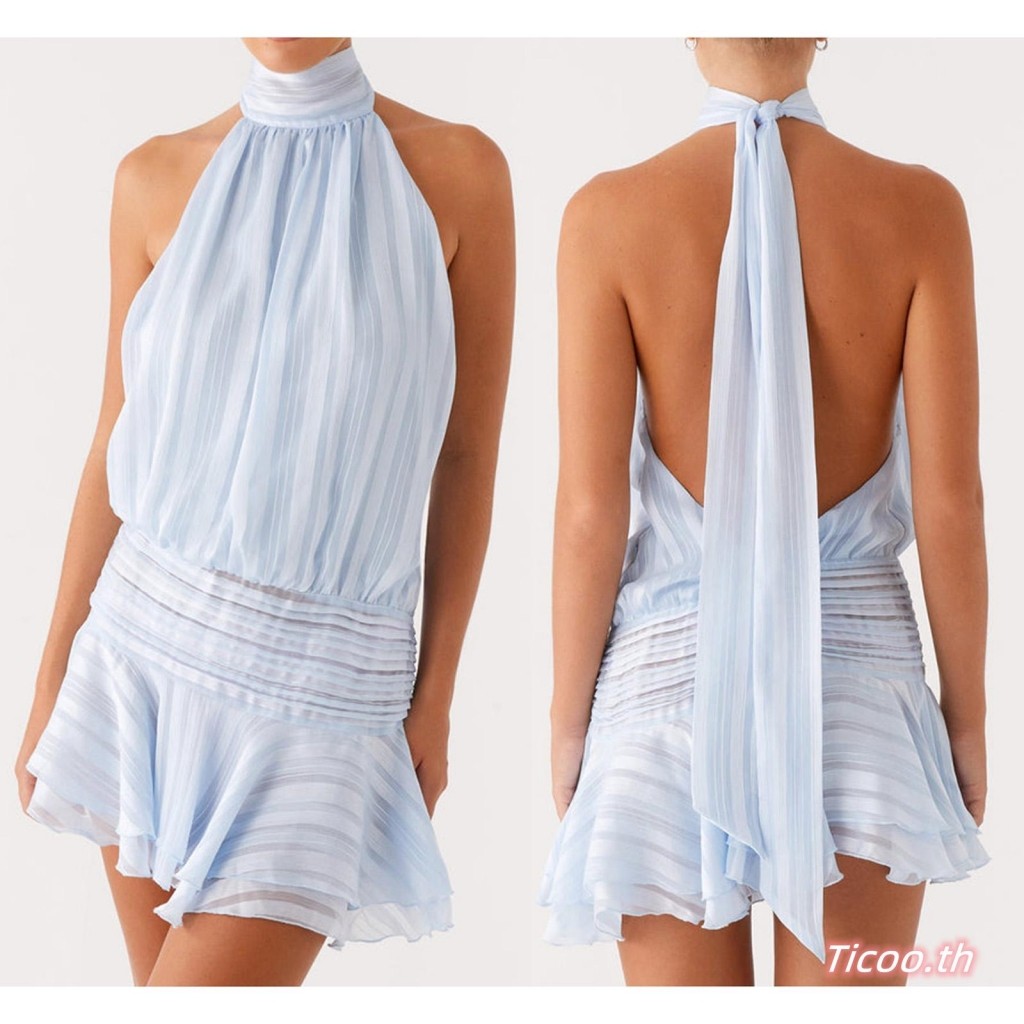 เดรสแขนกุดเปิดหลังแบบ A-line Layered Ruffle สไตล์สำหรับผู้หญิง