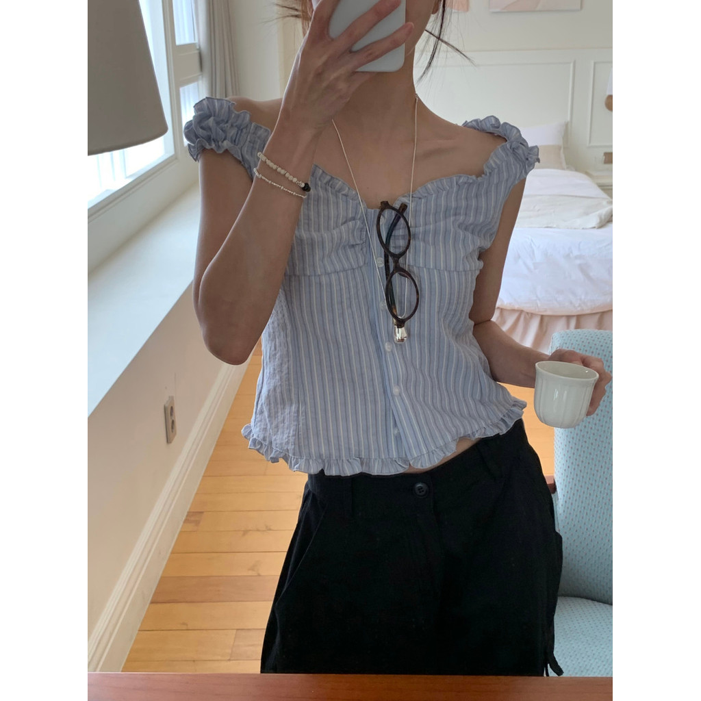 เสื้อเชิ้ตลายทางอเนกประสงค์แบบลําลองสําหรับผู้หญิงฤดูร้อนสไตล์เกาหลี 250626