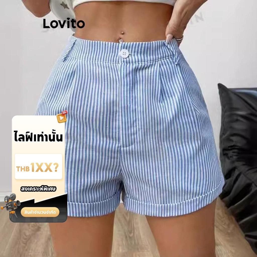 (LIVE STREAM SALE) Lovito กางเกงขาสั้นลําลอง ลายทาง สั้น สําหรับผู้หญิง LNL77262