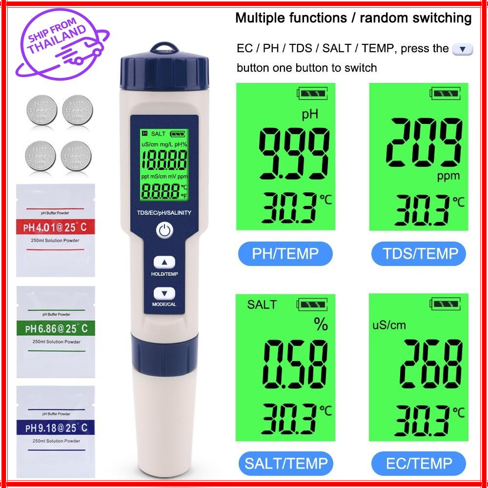 ใหม่ 5In1 ตัวทดสอบคุณภาพPH/EC (การนำไฟฟ้า) /TDS (Ppm)/ความเค็ม (Ppt)/เครื่องวัดอุณหภูมิพืชสวนกันน้ำ เครื่องตรวจสอบคุณภาพ