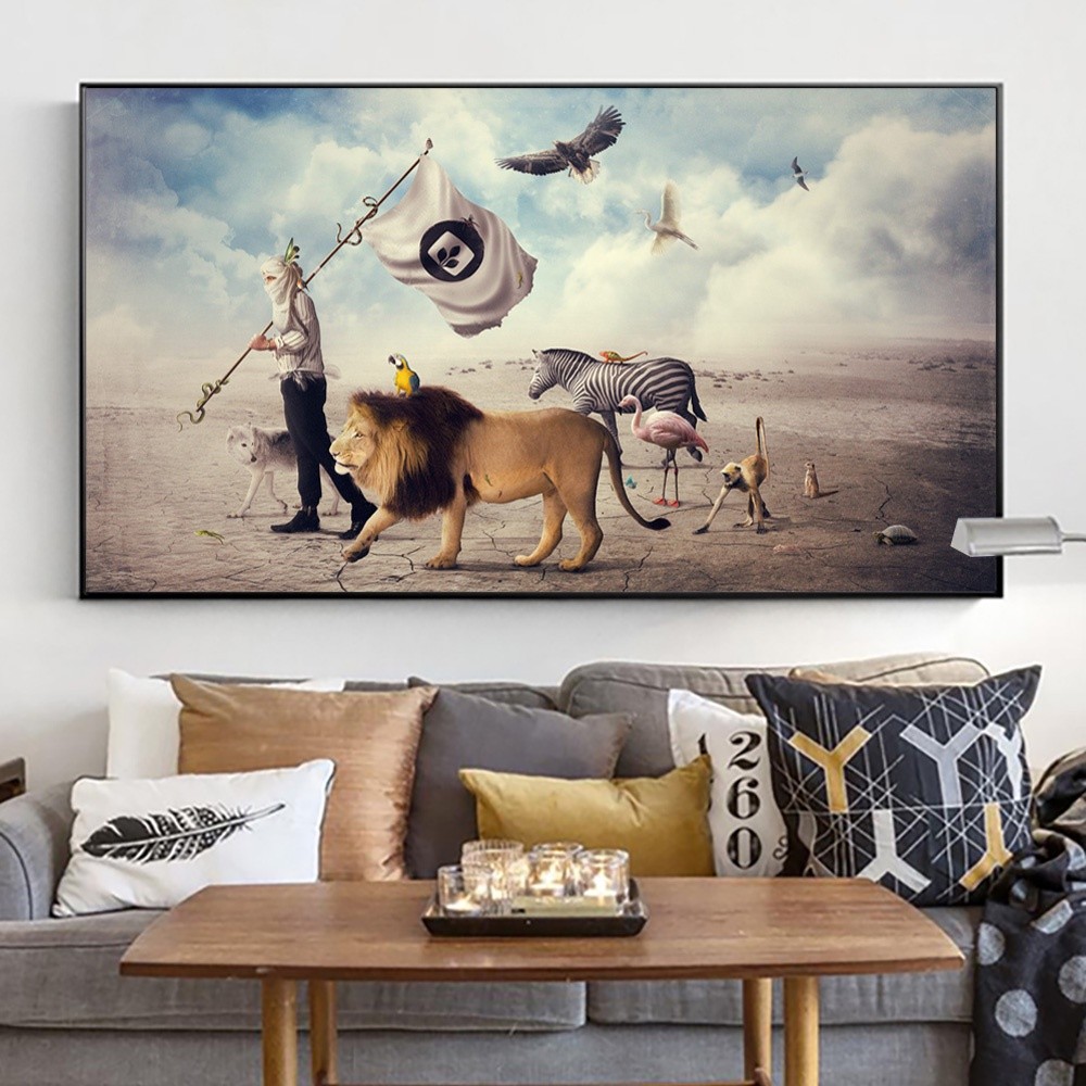 กรอบสีดํามนุษย์และสิงโตสัตว์ Migrate ผ้าใบภาพวาดโปสเตอร์และพิมพ์ Wall Art ภาพสําหรับห้องนั่งเล่นตกแต