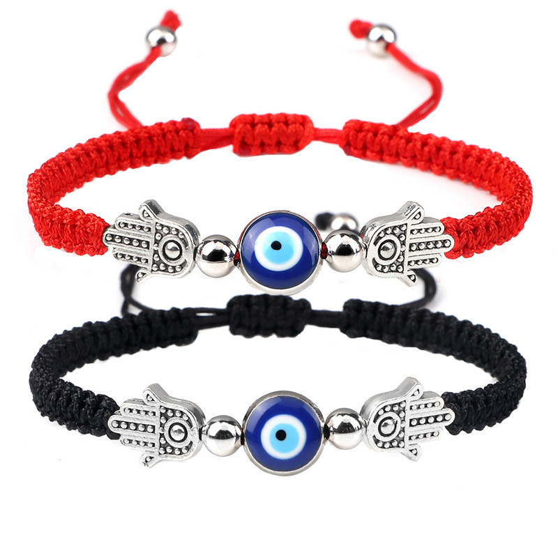 Blessed Evil Eye สร้อยข้อมือสําหรับผู้หญิงผู้ชาย Lucky Palm Amulet ป้องกัน Handmade ถักสายรัดข้อมือคู่ปรับได้ของขวัญ