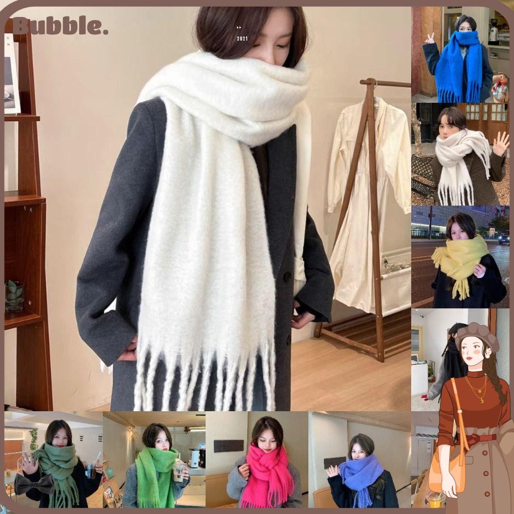 ฟอง ผ้าพันคอแคชเมียร์ฤดูหนาว,ผ้าขนแกะสีทึบยาวพู่ผ้าพันคอ,แฟชั่นอบอุ่นนุ่มหนาผ้าคลุมไหล่ห่อผู้หญิง