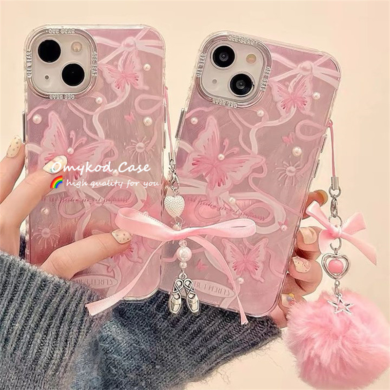สติ๊กเกอร์มุกปลอกเข้ากันได้สําหรับiphone 11 16 15 14 13 12 Pro Max Plus X XR Xs Max 7Plus 8Plus SE 2020 เคสโทรศัพท์Feather INSผีเสื้อโบว์สีชมพูLanyard Anti DROPกันกระแทก