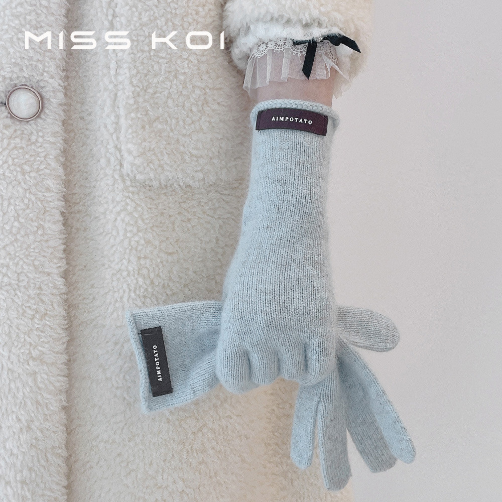 Misskoi [คลังสินค้าพร้อม] หรูหราคุณภาพสูงนุ่มที่ละเอียดอ่อน Raccoon Fur Label ถุงมือผู้หญิงฤดูหนาวหน้าจอสัมผัสที่อบอุ่นสีทึบเรียบง่ายทุกการแข่งขัน