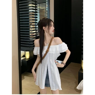 mimi&didi#เสื้อเบลาส์ผู้หญิง เสื้อเบลาส์เปิดไหล่ยางยืดทรงสวยลูกไม้ มีกระดุม แต่งระบาย สไตล์หรูหรา หวานและน่ารัก#W550