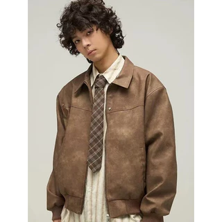 Vela-เสื้อJacket เสื้อแจ็คเก็ต สีน้ําตาลหนังผู้ชาย American Retro แขนยาว วินเทจ