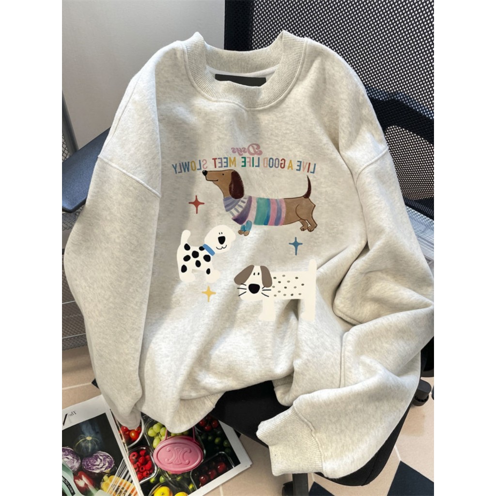 COD (จัดส่งในกรุงเทพฯ) MAO Shop อเมริกันวินเทจน่ารัก Graffiti ลูกสุนัขพิมพ์เสื้อกันหนาวหนาไม่มีฮู้ดด้านบน#2855