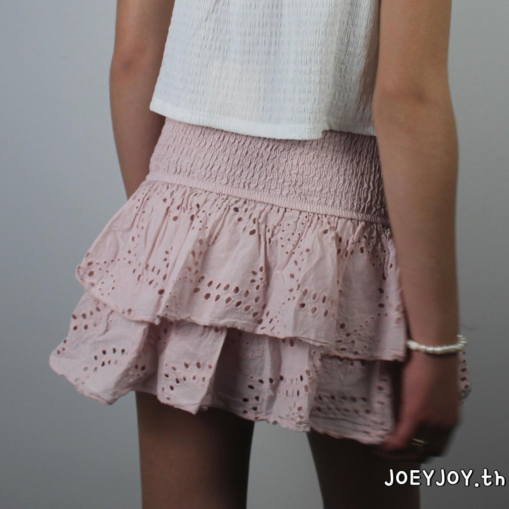 Joeyjoy-กระโปรงผู้หญิง Shirred Mini Skirt A-Line Pointelle กระโปรงเอวสูงระบายชั้น - รูปที่ 4