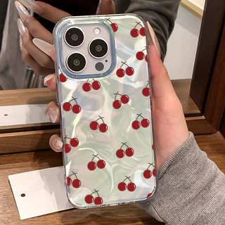แฟชั่น เชอร์รี่🍒 เคสโทรศัพท์ For IPhone 12 13 15 16 11 14 Pro Max XR X 7 6S 8 6Plus XS Max SE เลเซอร์ แวววาว ตลกดีนะ เคส