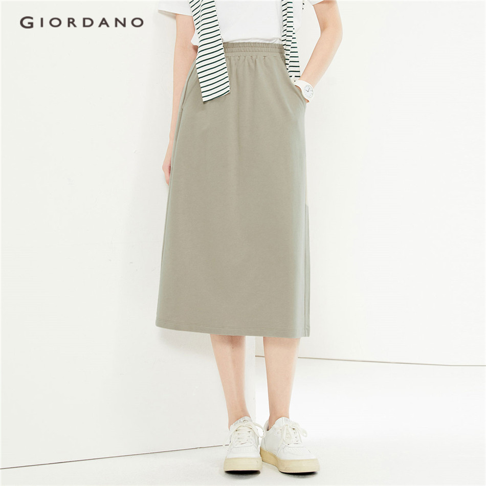 GIORDANO WOMEN 100% Cotton elastic waist split back long skirt 05465466