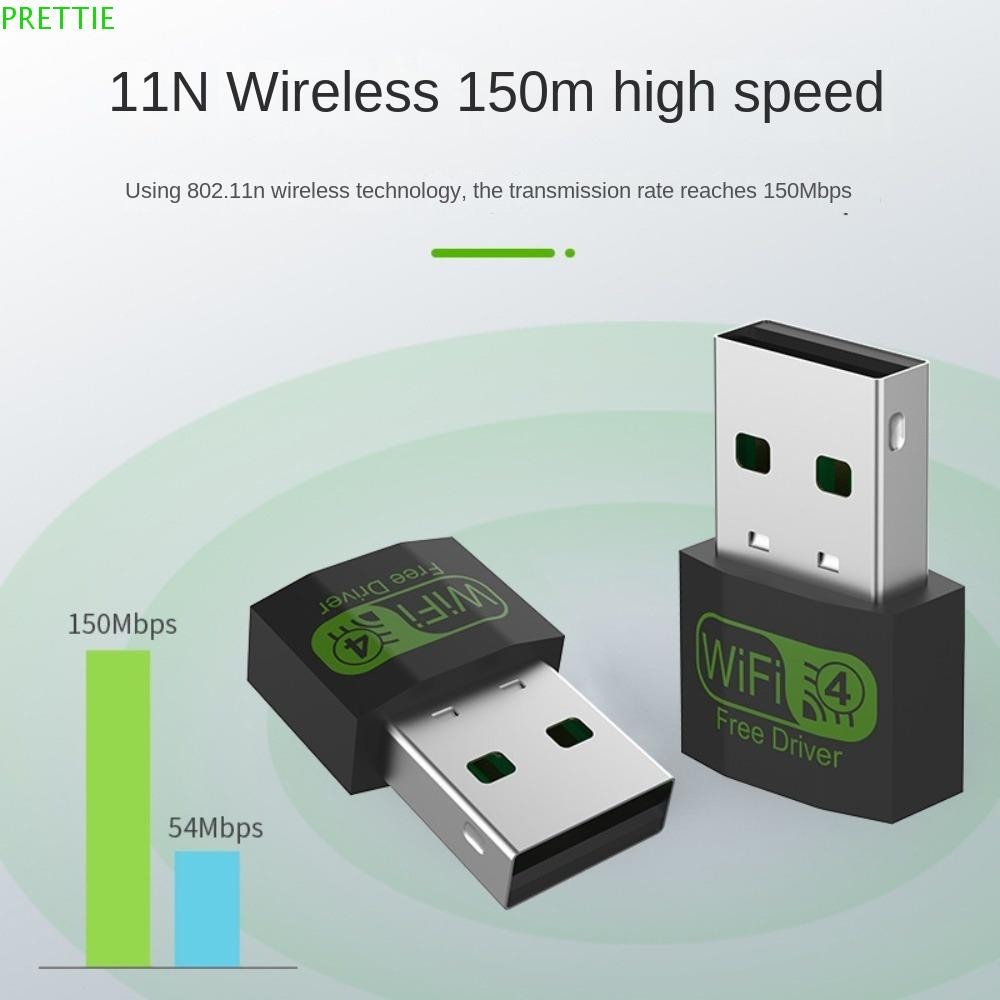 Prettie การ์ดเครือข่าย USB ขนาดเล็กฟรี, ตัวรับสัญญาณ WiFi LAN อะแดปเตอร์ WiFi, ไร้สายความเร็วสูง 150Mbps แบบพกพาสําหรับคอมพิวเตอร์/โทรศัพท์