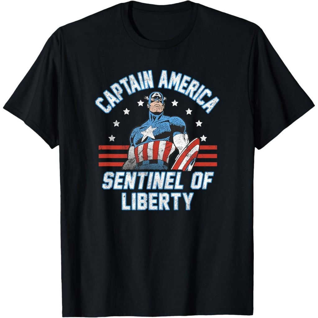 😆เสื้อยืด✨ เสื้อยืดผู้ใหญ่ Marvel 4th Of July Captain America Sentinel Of Liberty S-5XL