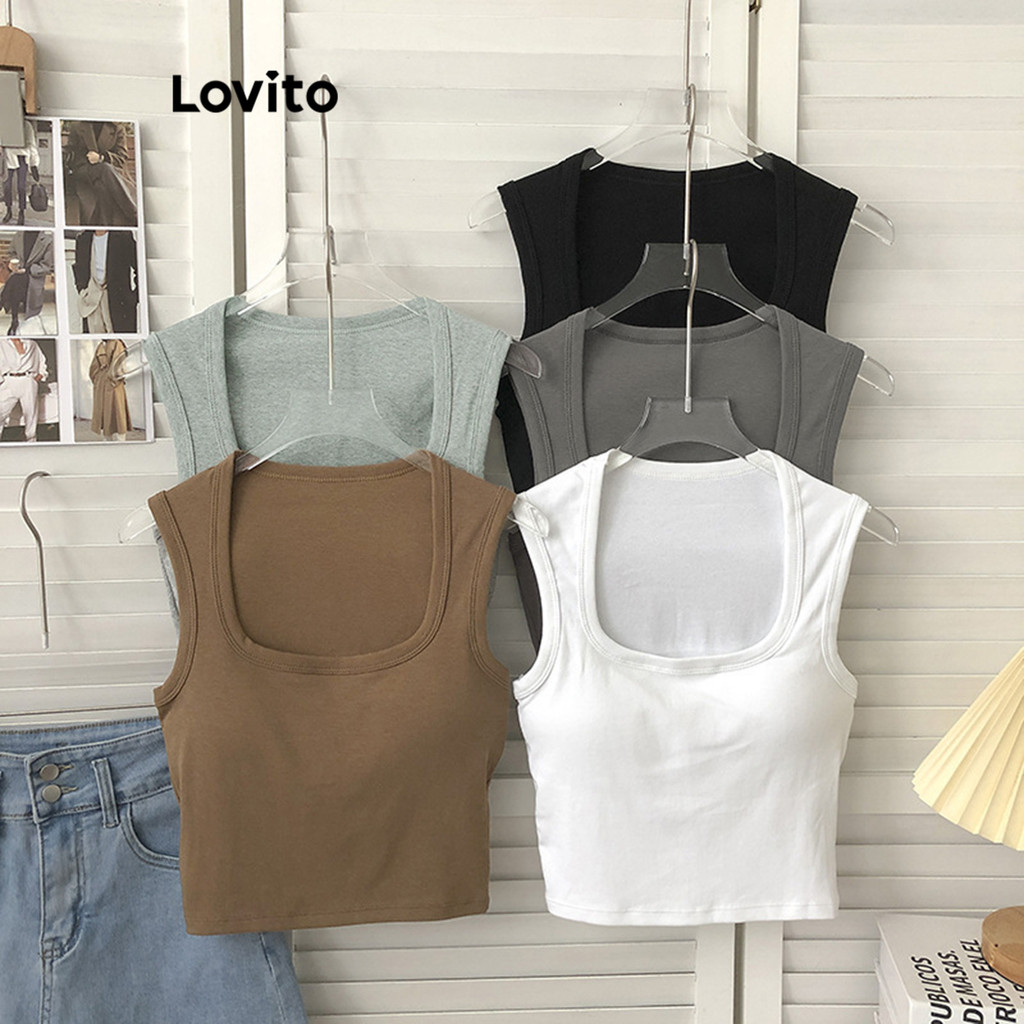 Lovito เสื้อครอปผู้หญิง แขนกุด เบสิก สีพื้น สไตล์ลำลอง L80ED129