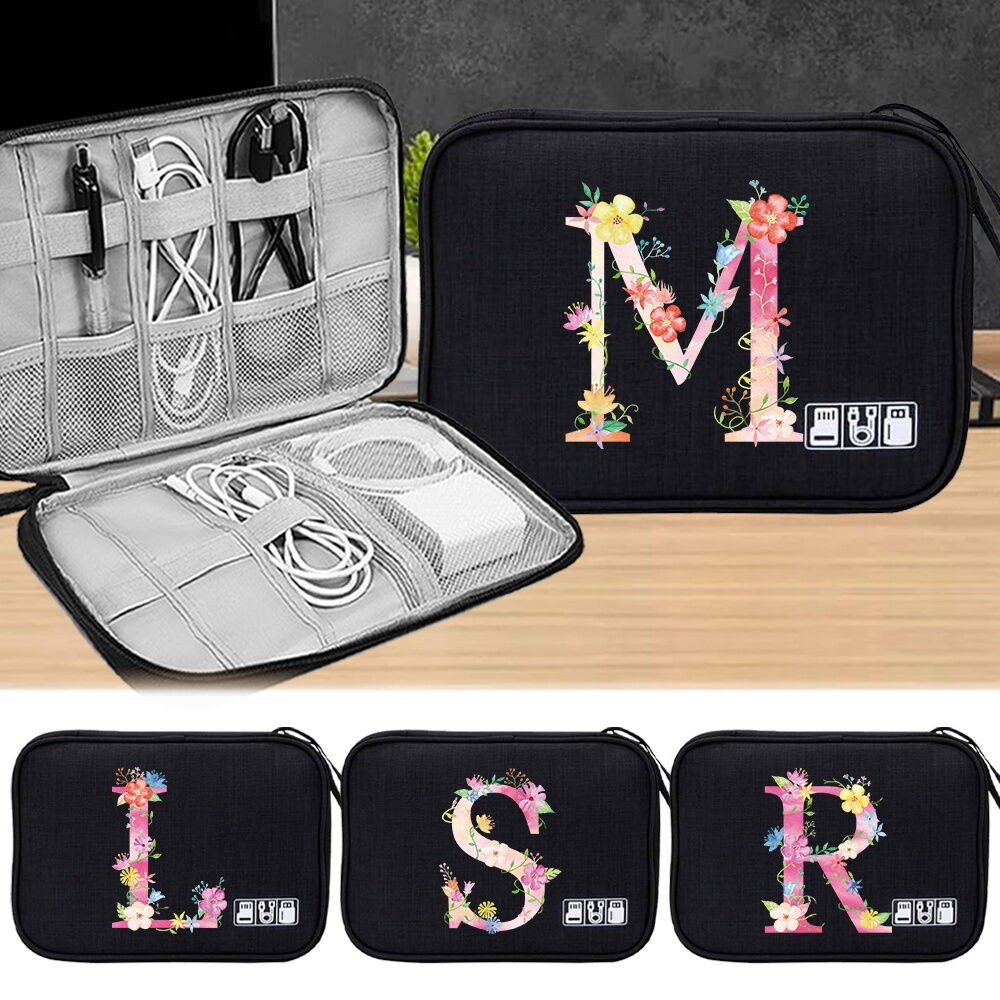 Wire Storage Box Cable Organizer Charger bag Power Bank Bag Large Capacity Earphones pink Printing