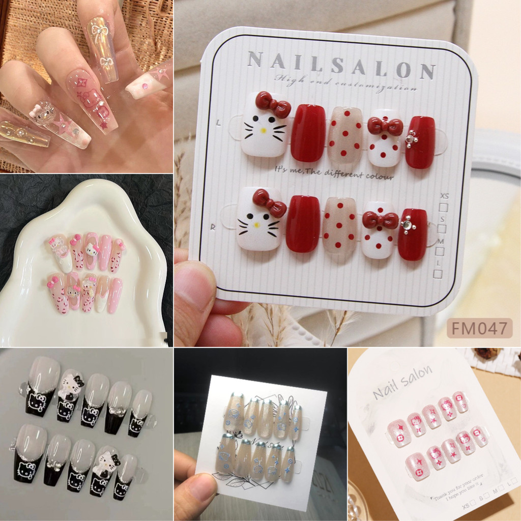 Hello Kitty10PCSเล็บปลอมพร้อมกาวเล็บอะคริลิคกันน้ํา
