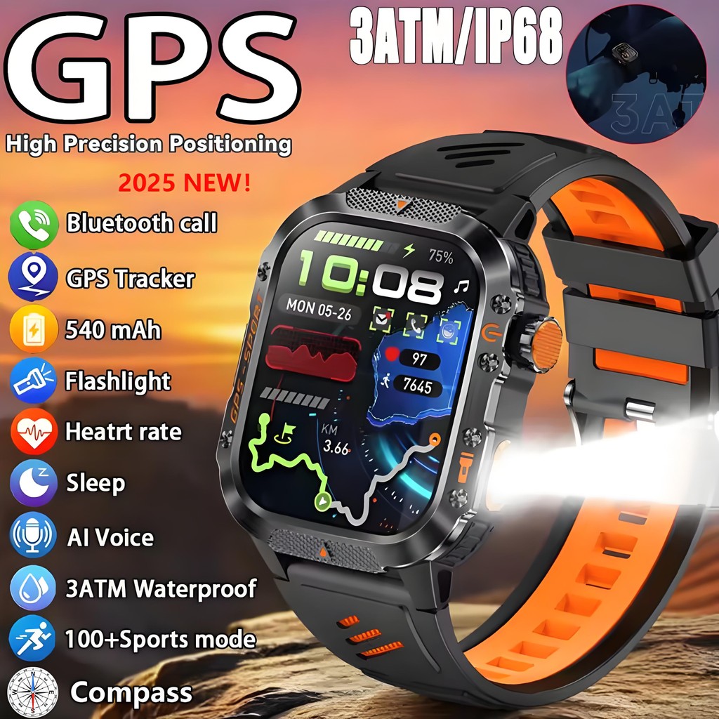 2026New GPS นาฬิกาทหารบลูทูธ Talk ไฟฉาย LED Smartwatch เข็มทิศผู้ชาย 2.01 "หน้าจอ AMOLED 3ATM กันน้ํา GPS กีฬากลางแจ้ง Smartwatch