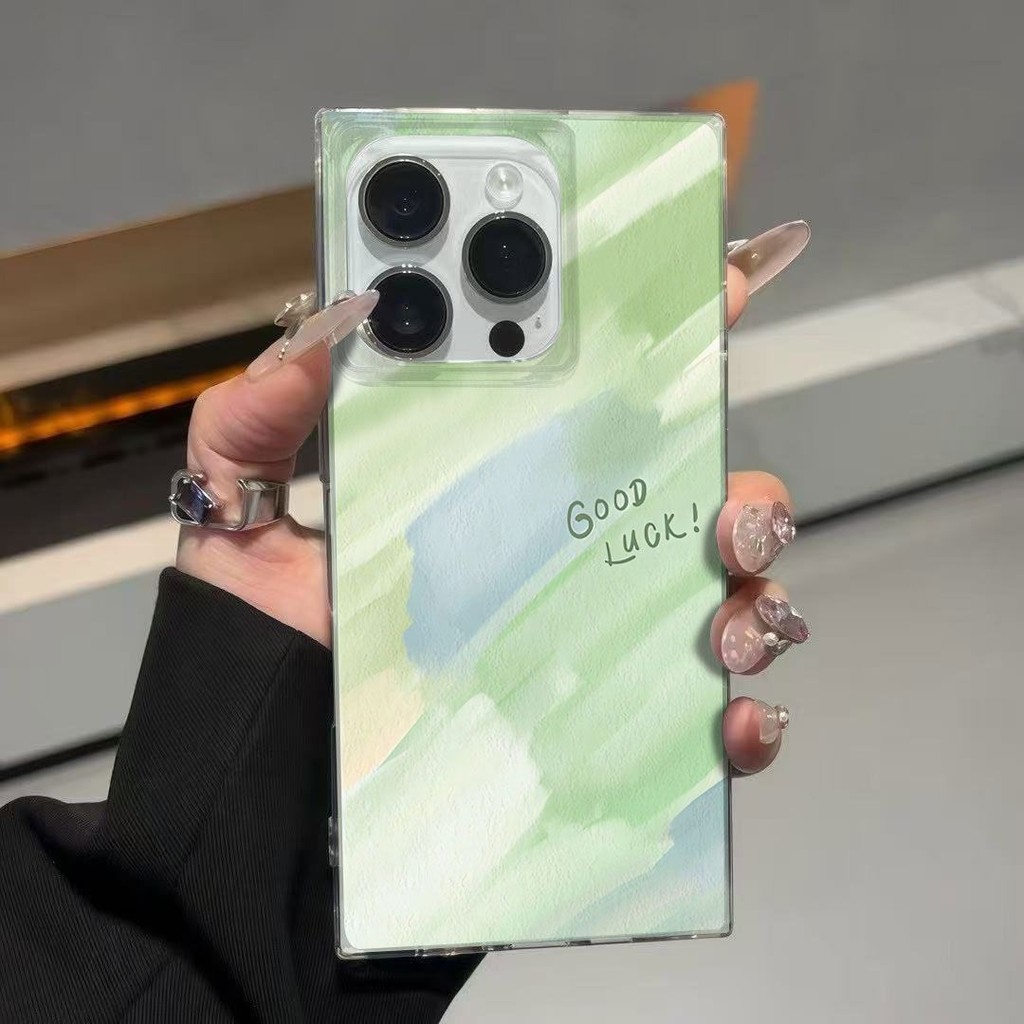 [เคสสี่เหลี่ยม] Green Ink Ice Crystal Square เหมาะสําหรับ Apple 16ProMax/15/14 ยางนุ่ม iPhone13/12 เคสโทรศัพท์
