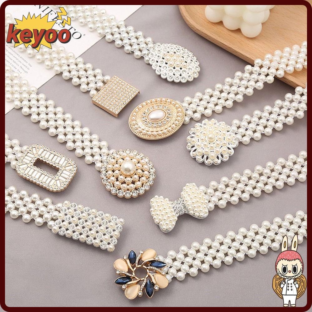 ห่วงโซ่เอวพลอยเทียม กับเข็มขัดยางยืดสำหรับสุภาพสตรี มุกเรียบหรู แฟชั่นสำหรับผู้หญิง