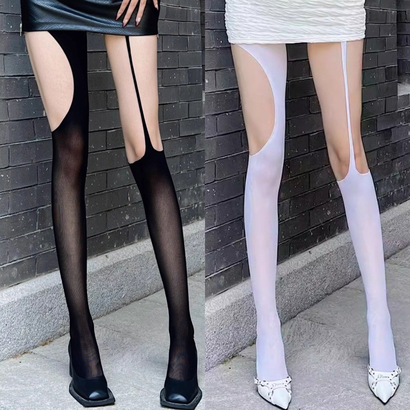 Garter Y2K ถุงน่องลายเส้นตาข่ายสำหรับผู้หญิง ดีไซน์ไม่สมมาตร สไตล์โดดเด่น