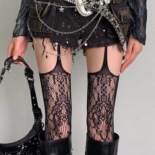 Lolita สาวหวาน Punk สไตล์ดอกไม้ Tights สีสัน สูงต้นขา Sheer FishnetSuspender กางเกงในเข็มขัด