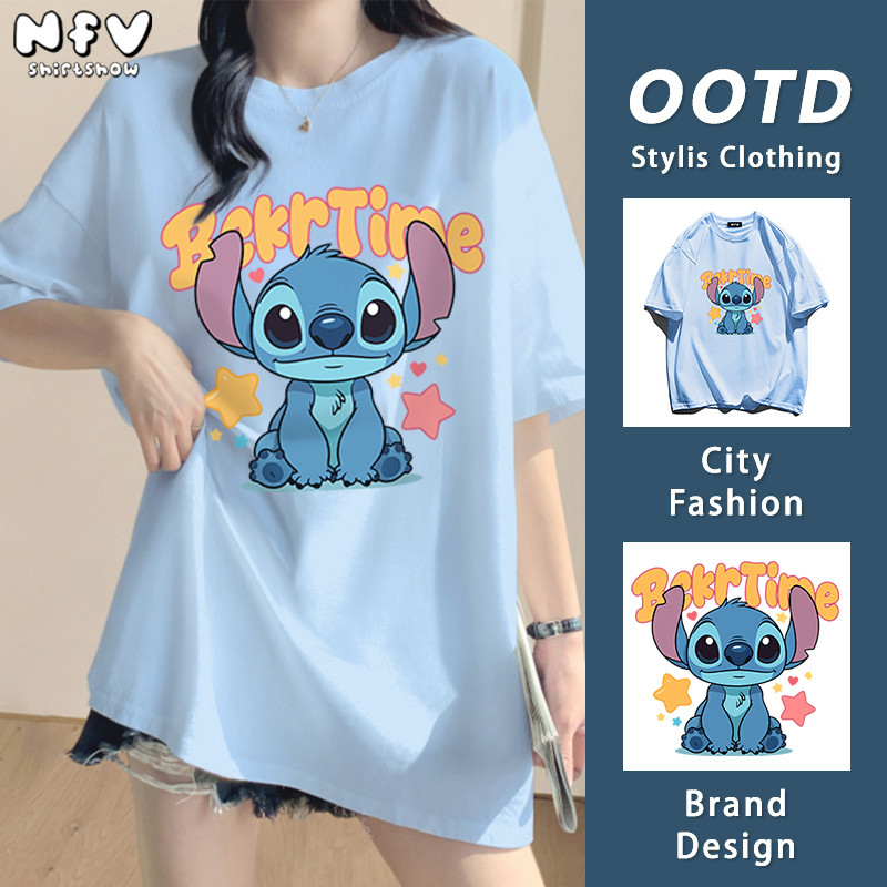 NFV เสื้อยืดคอกลมแขนสั้น💖stitch ลวดลายพิมพ์สติทช์ oversize ผ้านิ่ม ใส่สบาย สาวอวบ 100% Cotton t-shirt YG1549