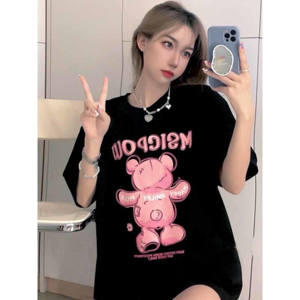 Papaya เสื้อยืด Oversize ลายหมีน่ารัก MISIPOW สีดำสำหรับผู้หญิง ผ้าฝ้าย 100% ใส่สบาย WS1031 Clothing