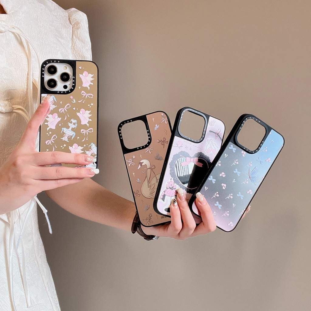 Casetif น่ารักรักโบว์กระจกโทรศัพท์มือถือสําหรับ IPhone 11 12 13 14 15 16 pro Max 15 16 Plus 14 pro X XSMax XR 12 13 Mini ป่าข่าวเช้าคุณภาพสูง Anti Fall Cover