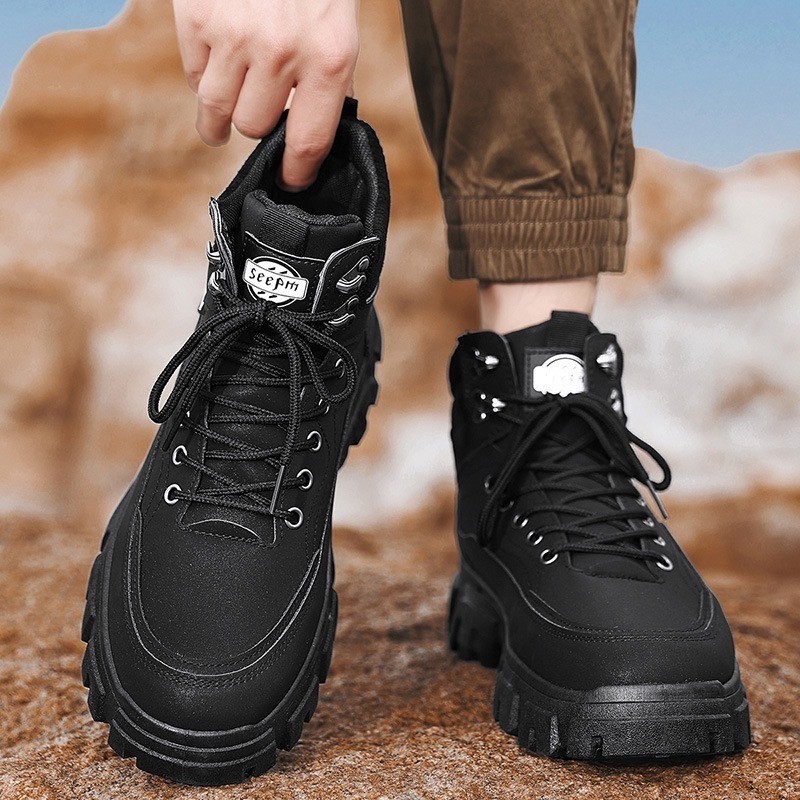 T-T NEW รองเท้าบูทหุ้มข้อ หนัง PU รองเท้าแบบผูกเชือก พื้นหนา ใส่ขึ้นเขา Size40-44MVS080-238
