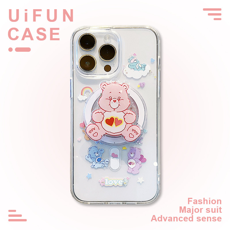 น่ารัก การดูแล หมีหัวใจรักขาตั้งโทรศัพท์มือถือกรณีเข้ากันได้สําหรับ ไอโฟน 16 15 14 13 มือโปร สูงสุด ไอโฟน15ไร้สายชาร์จอะคริลิช็อกหลักฐานปลอกปกหลัง