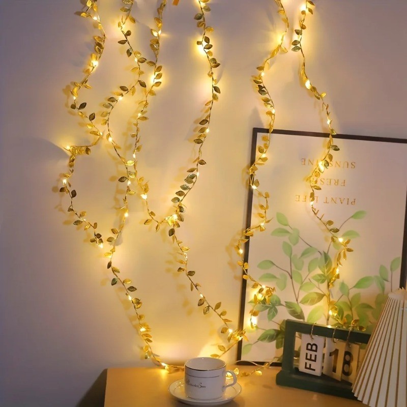 5m Gold ใบประดิษฐ์หวายพืชปลอม String Light Vine สําหรับ Home Room Decor สวนตกแต่งงานแต่งงาน DIY Ramadan เครื่องประดับ