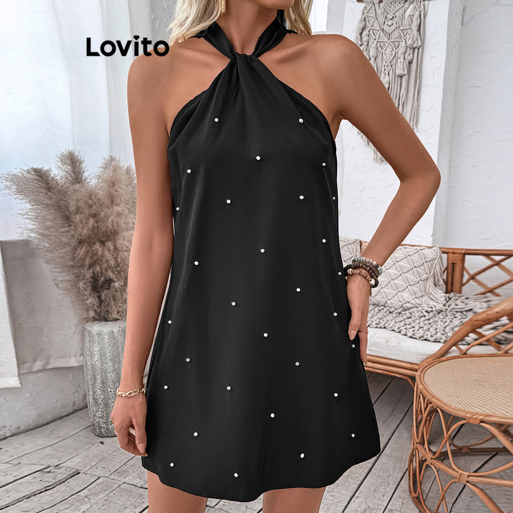 Lovito ชุดเดรสเปิดไหล่ประดับไข่มุกหรูหราสำหรับผู้หญิง LBL18415