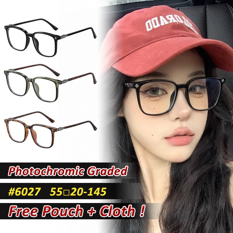 Vintage Square Photochromic Graded กรอบโลหะสีดําใหญ่ ป้องกันแสงสีฟ้า สายตาสั้น สําหรับนักเรียนและเกมเมอร์