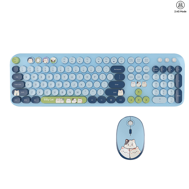Jomaa & Mofi Ergonomic Plug and Play 2.4G คีย์บอร์ดไร้สายเมาส์ Combo ขนาด 104 คีย์ Retro รอบ Keycaps แมวน่ารักคีย์บอร์ดสําหรับ Win7/8/10/XP
