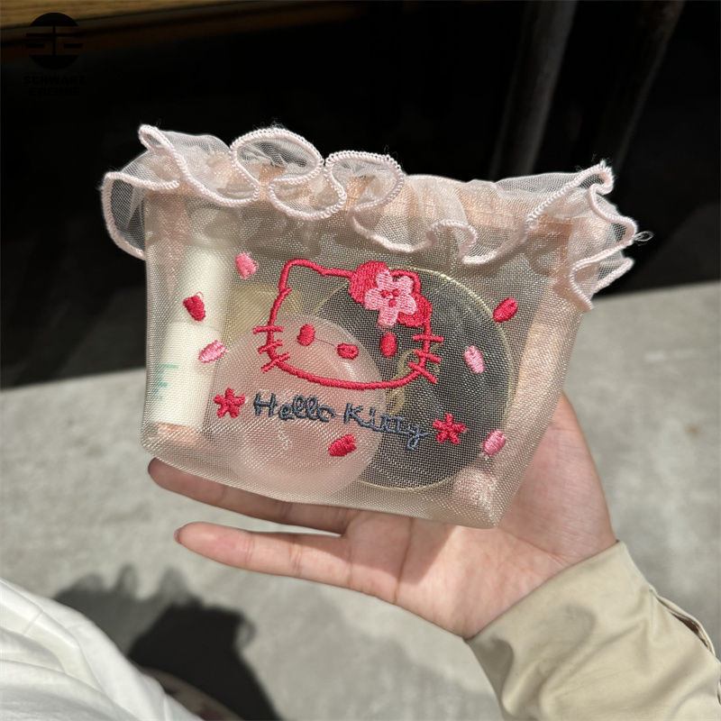 ชวัซ นิรันดร์ กระเป๋าเครื่องสําอางการ์ตูนน่ารักเย็บปักถักร้อยตาข่ายทนสิ่งสกปรกซิปถุงเก็บ