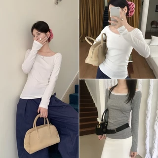 cherryshop พร้อมส่ง เสื้อยืดแขนยาวลูกไม้แฟชั่นเกาหลีสำหรับผู้หญิง ไหล่เดียว สไตล์สลิมฟิต ผ้าเนื้อนุ่ม หวานและเซ็กซี่